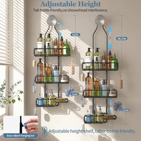 CT0434713JS_3 Skyapex Shower Caddy Hanging Bathroom Organizer: Over Head Adjustable Rack for Tall Showerhead - Extra Large Storage Shelf for Big Shampoo Bottles with Soap Holder