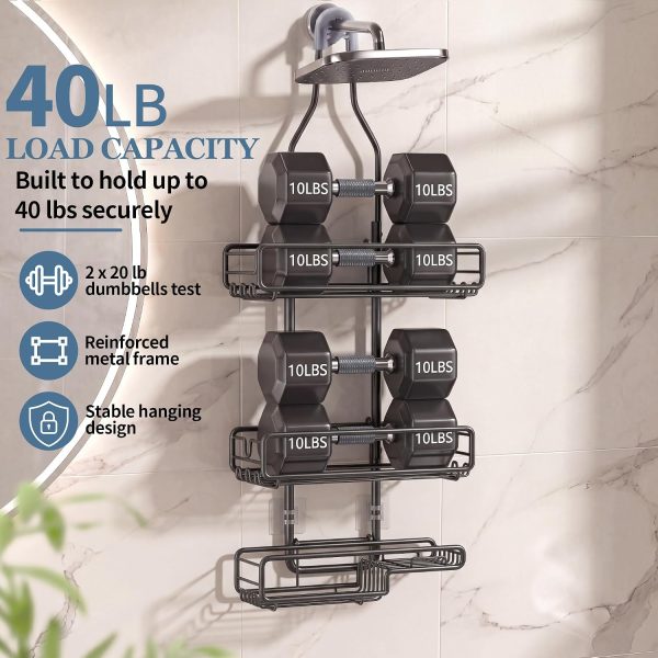 CT0434713JS_4 Skyapex Shower Caddy Hanging Bathroom Organizer: Over Head Adjustable Rack for Tall Showerhead - Extra Large Storage Shelf for Big Shampoo Bottles with Soap Holder