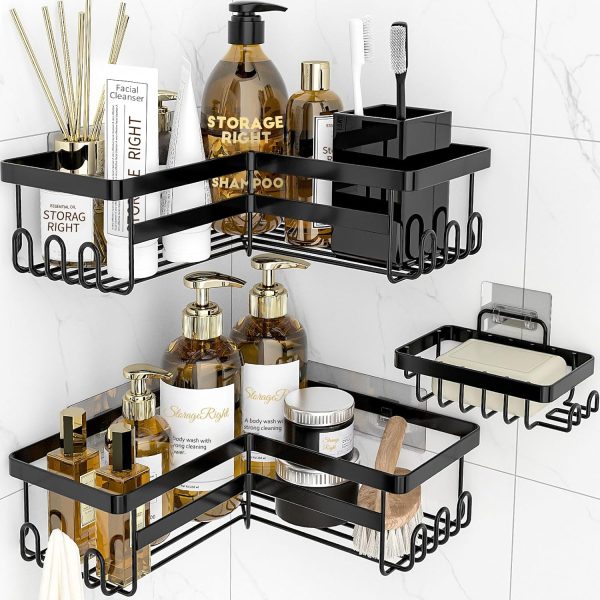 StorageRight Corner Shower Caddy, Adhesive Shower Organizer with Hooks