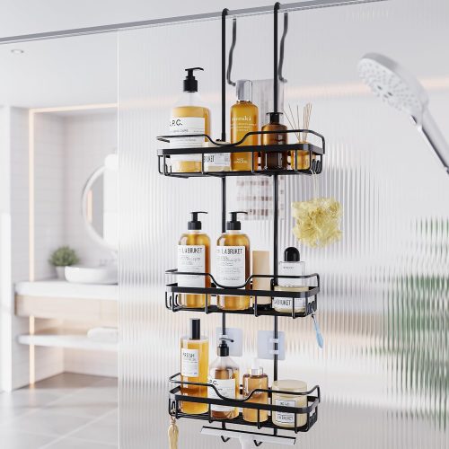 CT0434745JS_1 Skyapex Shower Caddy Over the Door Organizer: Bath Rack Hanging Over Glass with Hooks - Storage Shelf Inside Bathroom for Shampoo - Matte Black