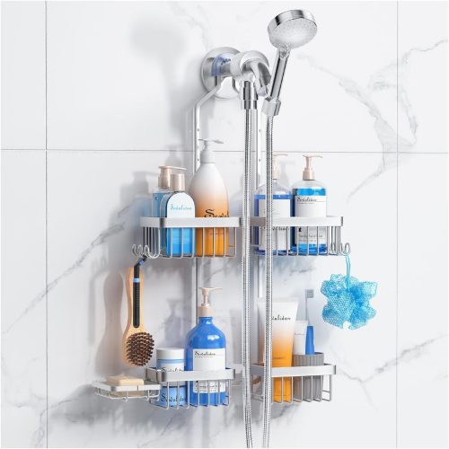 CT0434750JS_1 Sewulidon Aluminum Alloy Hanging Shower Caddy for Handheld Shower Heads,Rustproof Hose Shower Organizer 4 Levels Height Adjustable Shower Rack with Hooks,Razor Holder,Soap Holder