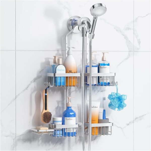 CT0434750JS_1 Sewulidon Aluminum Alloy Hanging Shower Caddy for Handheld Shower Heads,Rustproof Hose Shower Organizer 4 Levels Height Adjustable Shower Rack with Hooks,Razor Holder,Soap Holder