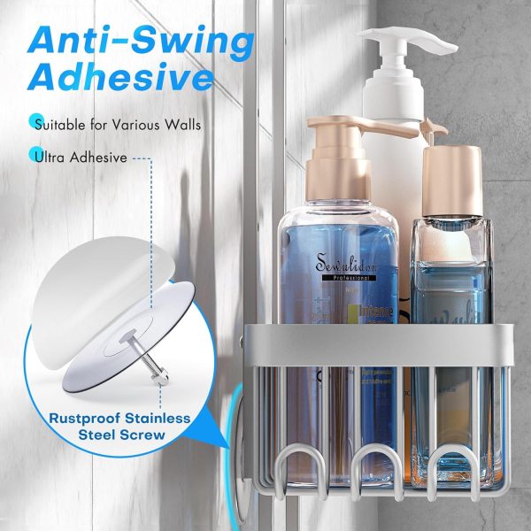 CT0434750JS_3 Sewulidon Aluminum Alloy Hanging Shower Caddy for Handheld Shower Heads,Rustproof Hose Shower Organizer 4 Levels Height Adjustable Shower Rack with Hooks,Razor Holder,Soap Holder