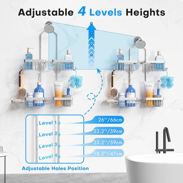CT0434750JS_4 Sewulidon Aluminum Alloy Hanging Shower Caddy for Handheld Shower Heads,Rustproof Hose Shower Organizer 4 Levels Height Adjustable Shower Rack with Hooks,Razor Holder,Soap Holder