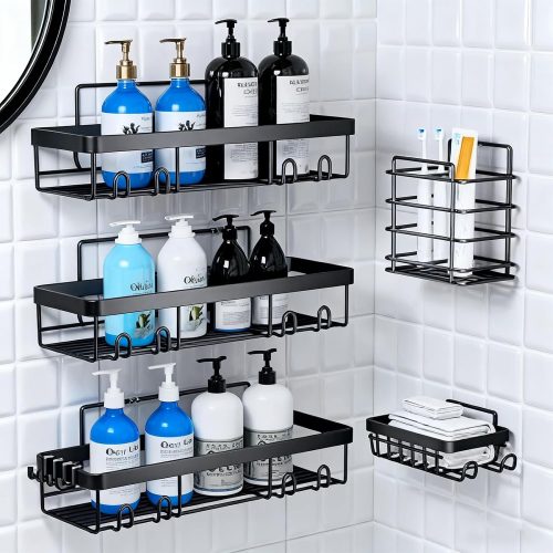 Adhesive Shower Caddy, 5-Pack Shower Caddy Hanging Bathroom Storage Organization, No Drilling Shelves with Soap Caddy & Toothbrush Wall-Mounted Shower Holder, Rustproof Bathroom Shelves