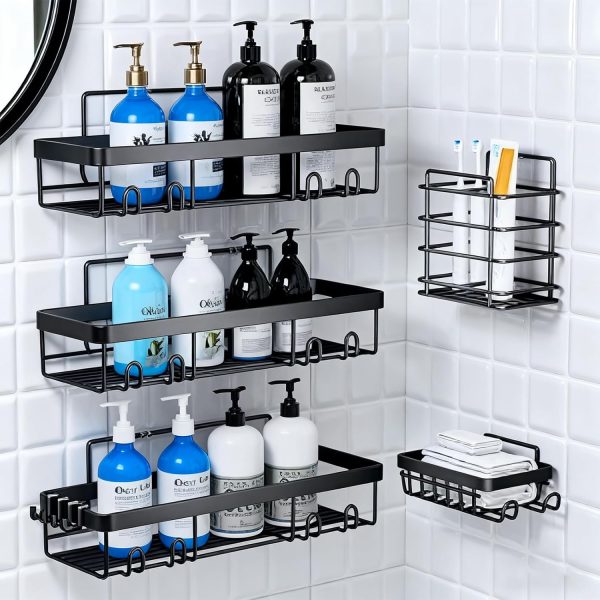 Adhesive Shower Caddy, 5-Pack Shower Caddy Hanging Bathroom Storage Organization, No Drilling Shelves with Soap Caddy & Toothbrush Wall-Mounted Shower Holder, Rustproof Bathroom Shelves