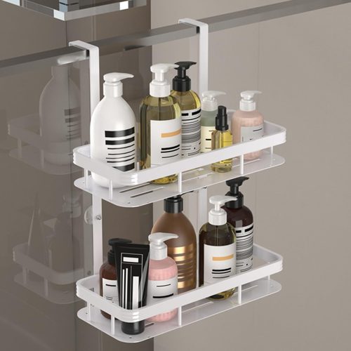 White Over Door Shower Caddy, Rustproof Bathroom Organizer, 2-Tier Storage Rack, 11.81x5.31 Inch Shelves, No Drilling Required