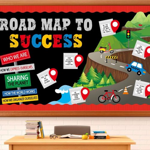 Road map to Success Bulletin Board Decorations Set Motivational Sign Bulletin Boarder Positive Inspirational Quote Paper Cutouts for Toddler Kids Back to School Classroom Home Wall Party Decor