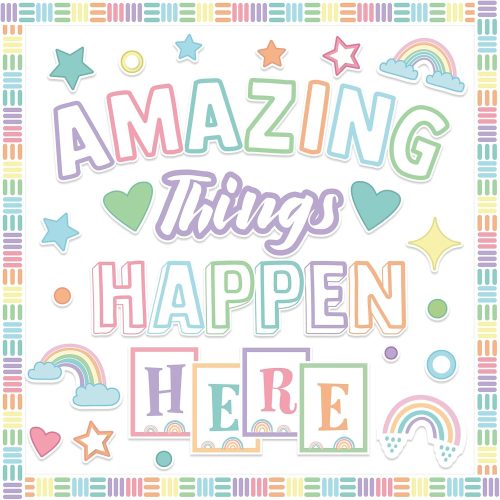 Amazing Things Happen Here Bulletin Board Rainbow Bulletin Board Decoration Set Inspirational Welcome Back to School Pastel Classroom Decorations Chalkboard Door Wall Decor