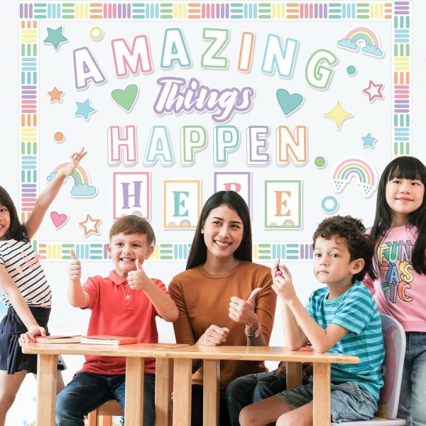 Amazing Things Happen Here Bulletin Board Rainbow Bulletin Board Decoration Set Inspirational Welcome Back to School Pastel Classroom Decorations Chalkboard Door Wall Decor