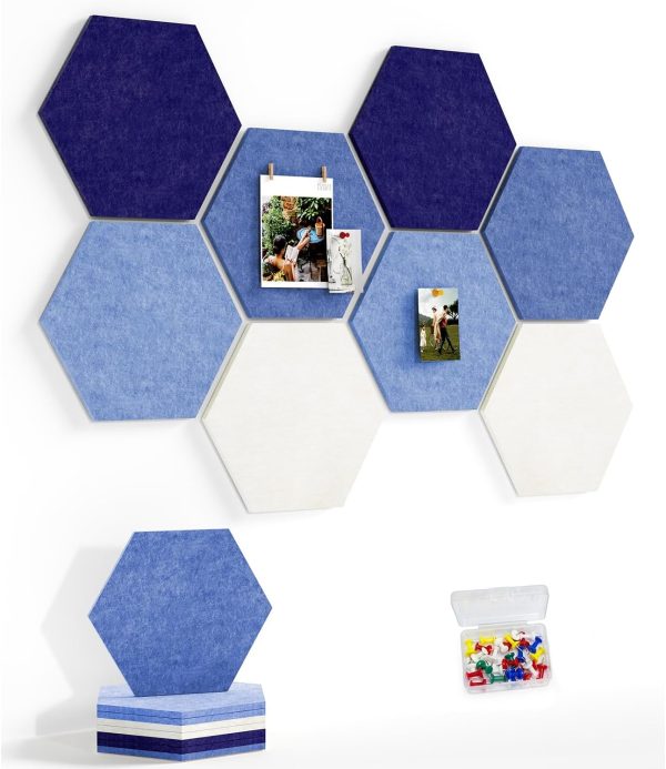 CT0435112JS_1 8 Pack Hexagon Felt Bulletin Board Tiles - 12" Large Thick Pin Board for Walls with 30 Push Pins, DIY Boards for Office Home School Decor, Aesthetic Hex Cork Board Alternative