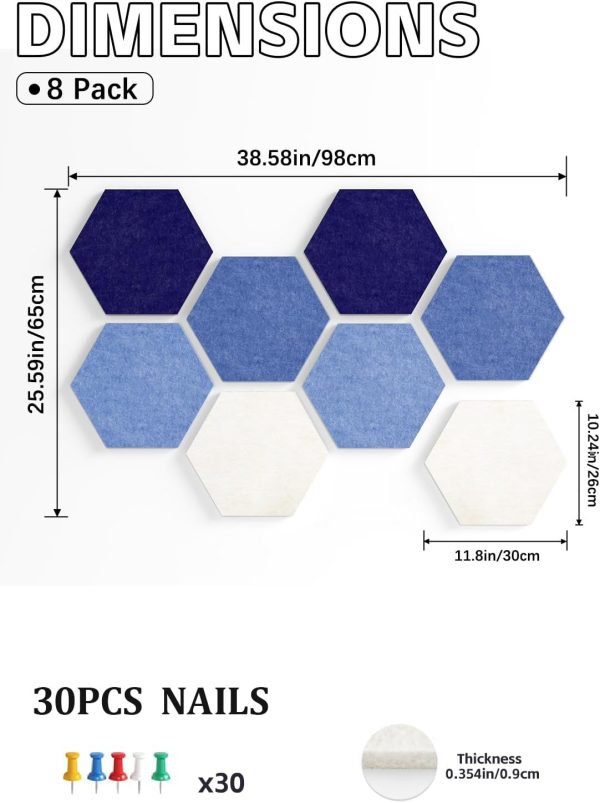 CT0435112JS_2 8 Pack Hexagon Felt Bulletin Board Tiles - 12" Large Thick Pin Board for Walls with 30 Push Pins, DIY Boards for Office Home School Decor, Aesthetic Hex Cork Board Alternative