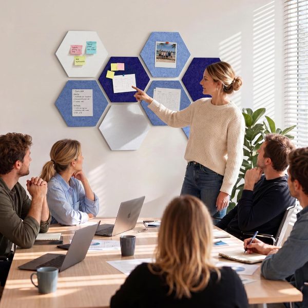CT0435112JS_4 8 Pack Hexagon Felt Bulletin Board Tiles - 12" Large Thick Pin Board for Walls with 30 Push Pins, DIY Boards for Office Home School Decor, Aesthetic Hex Cork Board Alternative