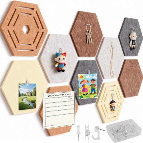 10 Pcs Hexagon Bulletin Board,11.8x10.23x0.47in Felt Bulletin Board Tiles | Self-Adhesive Bulletin Board Pinboard Pin Display Boards for Photo Memo,Boho Home Office Wall Decor(60 Push Pins+Clips+Hooks)