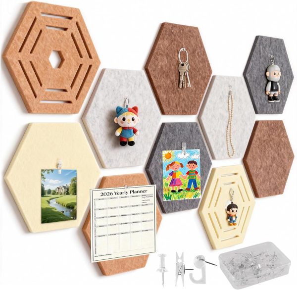 10 Pcs Hexagon Bulletin Board,11.8x10.23x0.47in Felt Bulletin Board Tiles | Self-Adhesive Bulletin Board Pinboard Pin Display Boards for Photo Memo,Boho Home Office Wall Decor(60 Push Pins+Clips+Hooks)