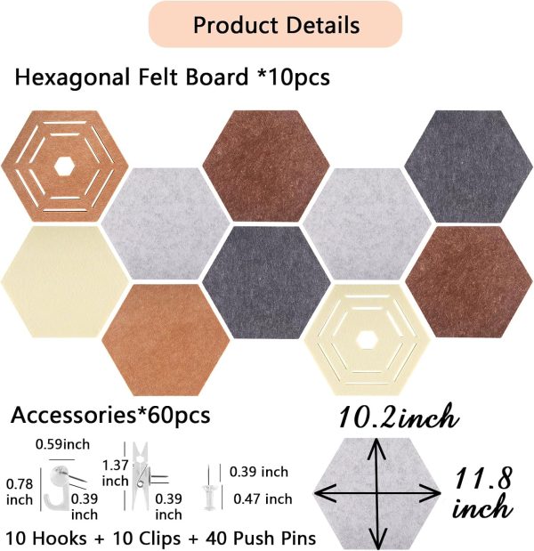 10 Pcs Hexagon Bulletin Board,11.8x10.23x0.47in Felt Bulletin Board Tiles | Self-Adhesive Bulletin Board Pinboard Pin Display Boards for Photo Memo,Boho Home Office Wall Decor(60 Push Pins+Clips+Hooks)