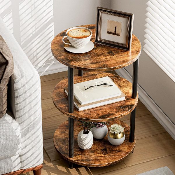 CT0438419JS_1 XBurmo Small Round Coffee Table - 3 Tier Design Accent Table, Narrow Side or Bedside Stand, Industrial Vintage Nightstand for Bedroom, Living Room, or Small Spaces, Rustic Brown