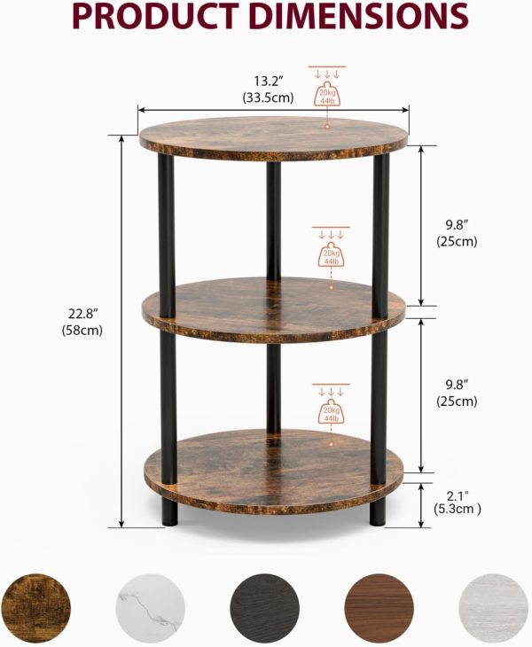 CT0438419JS_2 XBurmo Small Round Coffee Table - 3 Tier Design Accent Table, Narrow Side or Bedside Stand, Industrial Vintage Nightstand for Bedroom, Living Room, or Small Spaces, Rustic Brown