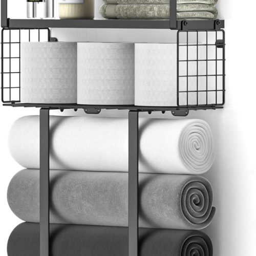 CT0438696JS_1 Xstydes Towel Racks for Bathroom, Metal Towel Holder with Storage Basket,Wall Towel Rack for Rolled Towels, Towel Storage for Small Bathroom,Black