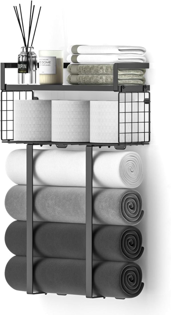 Xstydes Towel Racks for Bathroom, Metal Towel Holder with Storage Basket,Wall Towel Rack for Rolled Towels, Towel Storage for Small Bathroom,Black