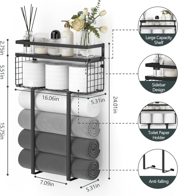 Xstydes Towel Racks for Bathroom, Metal Towel Holder with Storage Basket,Wall Towel Rack for Rolled Towels, Towel Storage for Small Bathroom,Black