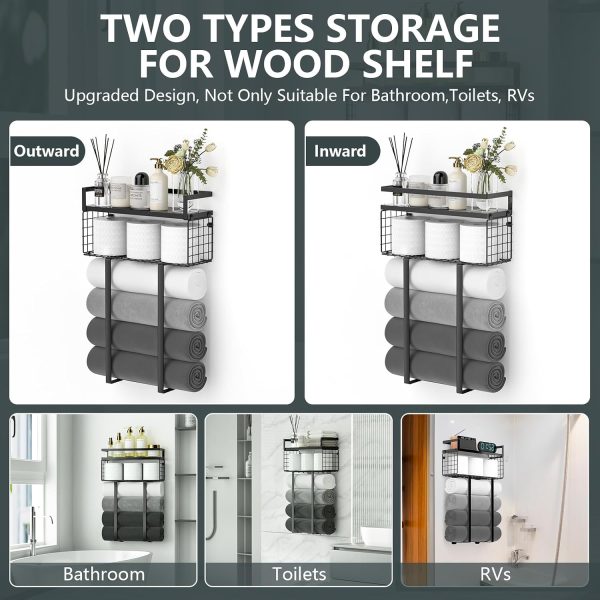 Xstydes Towel Racks for Bathroom, Metal Towel Holder with Storage Basket,Wall Towel Rack for Rolled Towels, Towel Storage for Small Bathroom,Black