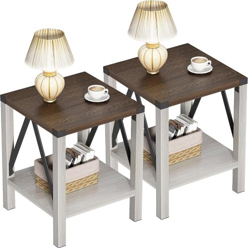 Treocho Farmhouse End Table Set of 2 with Storage Shelf