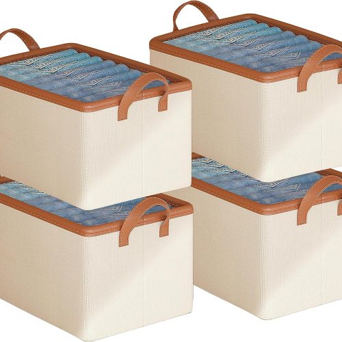 AARAINBOW 4 Pcs Closet Clothes Organizer with Handle, Fabric Storage Bins with Metal Frame Closet Shelf Storage Baskets Foldable Wardrobe Storage Box for Sweater Jeans, 20L (4 White)