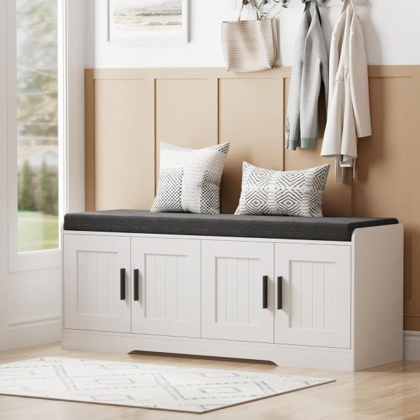 CT0439237JS_1 Homleke Shoe Storage Bench, 4 Doors & Thickened Padded Seat Cushion | 2-Tier Shoe Bench, Entryway Bench, Adjustable Shelf, 13.8" D x 45.3" W x 18.5" H, for Living Room, Bedroom, White