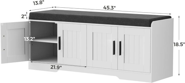 CT0439237JS_2 Homleke Shoe Storage Bench, 4 Doors & Thickened Padded Seat Cushion | 2-Tier Shoe Bench, Entryway Bench, Adjustable Shelf, 13.8" D x 45.3" W x 18.5" H, for Living Room, Bedroom, White