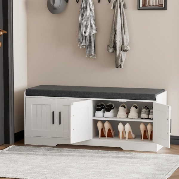 CT0439237JS_3 Homleke Shoe Storage Bench, 4 Doors & Thickened Padded Seat Cushion | 2-Tier Shoe Bench, Entryway Bench, Adjustable Shelf, 13.8" D x 45.3" W x 18.5" H, for Living Room, Bedroom, White