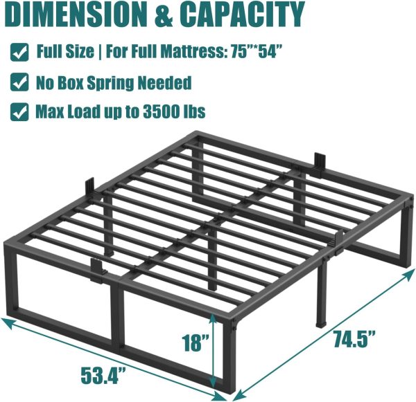 CT0439291JS_3 Full Size Bed Frame, 18 Inch Heavy Duty Support 3500 lbs Metal Platform, No Box Spring Needed/Noise Free/Non-Slip/Steel Slat Support/Easy Assembly