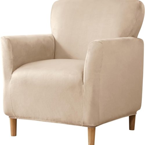 LiveGo Stretch Mid Century Modern Armchair Slipcover 1-Piece Jacquard Accent Chair Covers with Arms Soft Waterproof Chair Slipcovers for Living Room Furniture Protector Office (Velvet Cream)