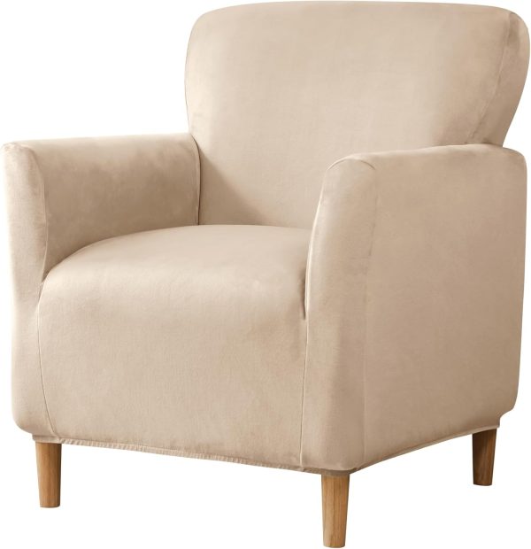 LiveGo Stretch Mid Century Modern Armchair Slipcover 1-Piece Jacquard Accent Chair Covers with Arms Soft Waterproof Chair Slipcovers for Living Room Furniture Protector Office (Velvet Cream)