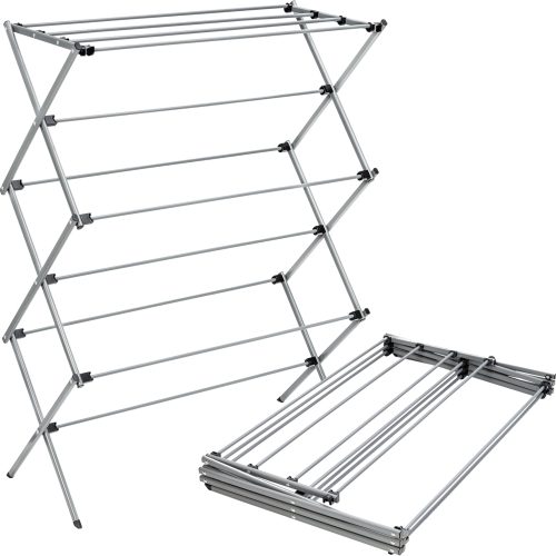Honey-Can-Do Oversized Collapsible Clothes Drying Rack, 35", 50 lb, Grey | Oversized 35" x 45" steel rack holds 50 lb and folds flat for storage. Air-dry a full load indoors or outdoors.