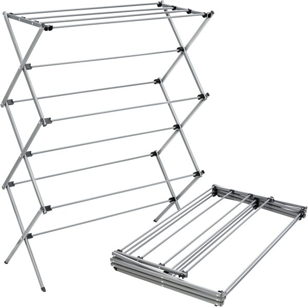 CT0439563JS_1 Honey-Can-Do Oversized Collapsible Clothes Drying Rack, 35", 50 lb, Grey | Oversized 35" x 45" steel rack holds 50 lb and folds flat for storage. Air-dry a full load indoors or outdoors.