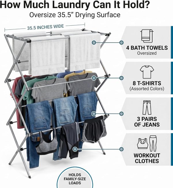 CT0439563JS_2 Honey-Can-Do Oversized Collapsible Clothes Drying Rack, 35", 50 lb, Grey | Oversized 35" x 45" steel rack holds 50 lb and folds flat for storage. Air-dry a full load indoors or outdoors.