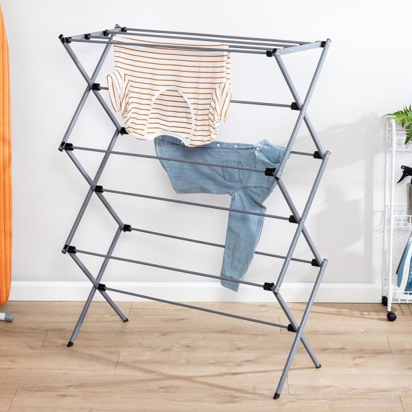 CT0439563JS_3 Honey-Can-Do Oversized Collapsible Clothes Drying Rack, 35", 50 lb, Grey | Oversized 35" x 45" steel rack holds 50 lb and folds flat for storage. Air-dry a full load indoors or outdoors.