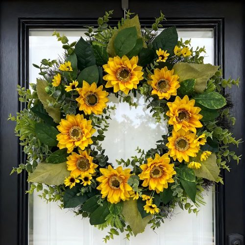 CT0439571JS_1 CYANBLOOM 24" Sunflower Wreath with Eucalyptus, Modern Farmhouse Summer Fall Floral Wreath for Front Door, Yellow Sunflowers Dense Boxwood Greenery Decor for Outdoor Porch Wall
