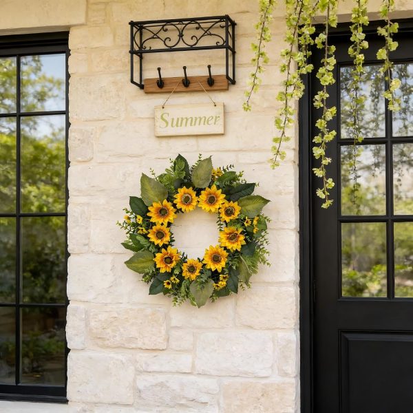 CYANBLOOM 24" Sunflower Wreath with Eucalyptus, Modern Farmhouse Summer Fall Floral Wreath for Front Door, Yellow Sunflowers Dense Boxwood Greenery Decor for Outdoor Porch Wall