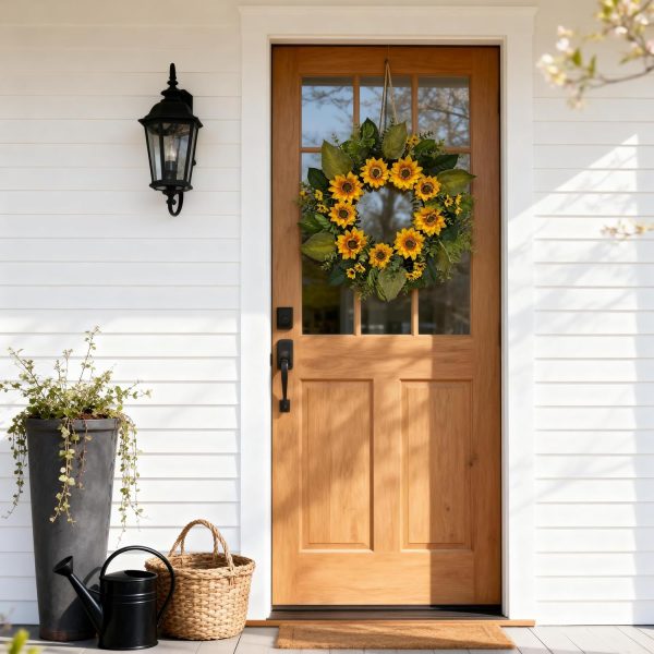 CYANBLOOM 24" Sunflower Wreath with Eucalyptus, Modern Farmhouse Summer Fall Floral Wreath for Front Door, Yellow Sunflowers Dense Boxwood Greenery Decor for Outdoor Porch Wall