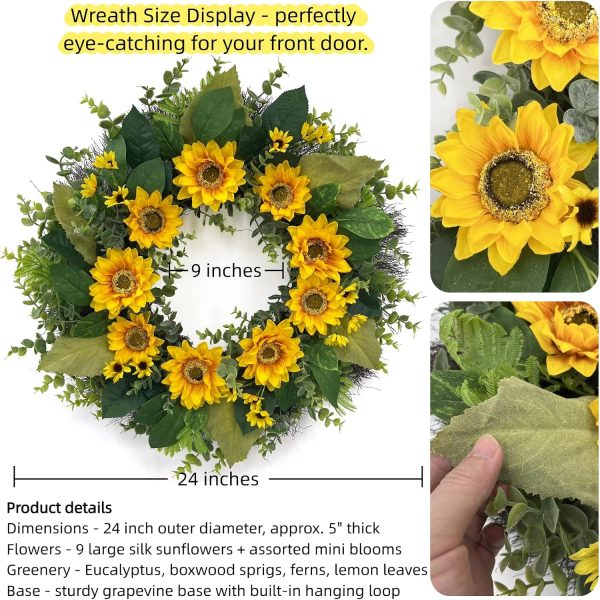 CYANBLOOM 24" Sunflower Wreath with Eucalyptus, Modern Farmhouse Summer Fall Floral Wreath for Front Door, Yellow Sunflowers Dense Boxwood Greenery Decor for Outdoor Porch Wall