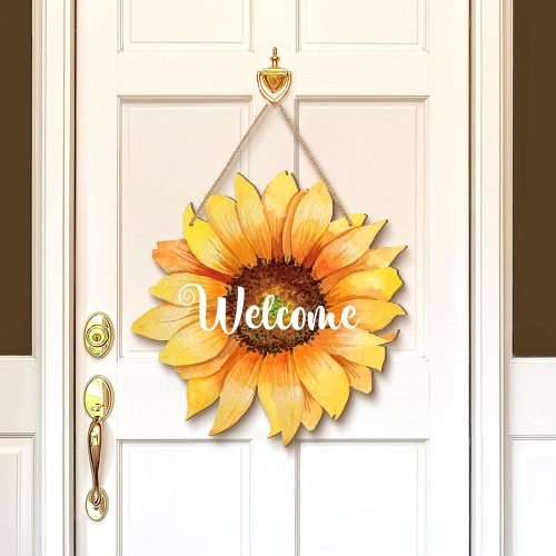 Sunflower Welcome Wood Door Hanger 12 Inch | Large Wooden Flower Sign, Inspirational Wall Porch Art, Summer Fall Front Door Wreath, Indoor Outdoor Home Decor