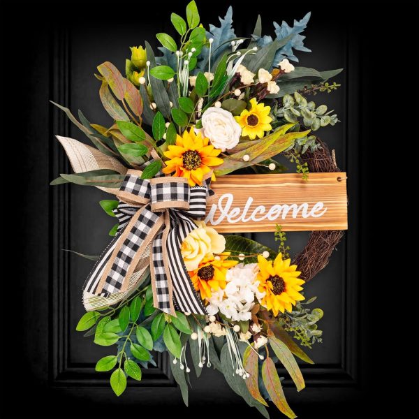 CT0439593JS_1 22 in Welcome Sign Wreath for Spring Summer Outdoor Indoor | Sunflower Bow Wreath for Front Door Porch Wall Window, Farmhouse Wreath for Everyday Home Decor Year Round
