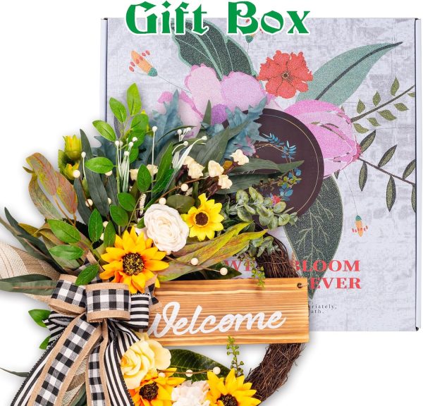 CT0439593JS_3 22 in Welcome Sign Wreath for Spring Summer Outdoor Indoor | Sunflower Bow Wreath for Front Door Porch Wall Window, Farmhouse Wreath for Everyday Home Decor Year Round