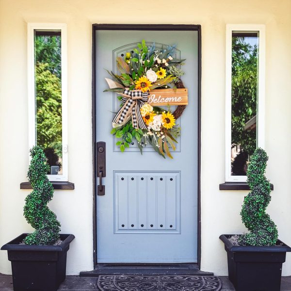 CT0439593JS_4 22 in Welcome Sign Wreath for Spring Summer Outdoor Indoor | Sunflower Bow Wreath for Front Door Porch Wall Window, Farmhouse Wreath for Everyday Home Decor Year Round