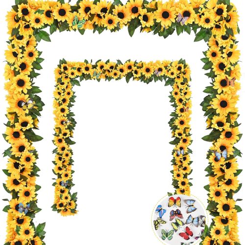 BLEUM CADE 2 Pack Artificial Sunflower Garland Decor, Sunflower Vines Hanging Flowers Garland with Green Leaves, Fake Yellow Floral Vines Room Wedding Party Decoration