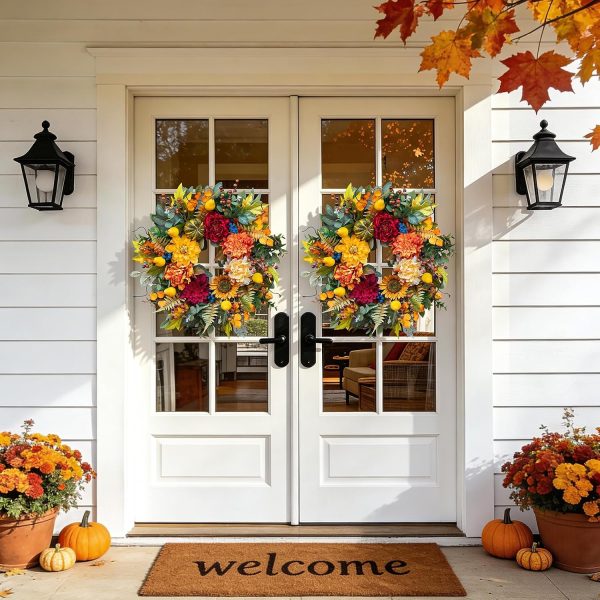 CT0439617JS_4 Pinkpuii 24 Inch Harvest Fall Wreaths for Front Door Outside,Porch,Entryway | Artificial Silk Autumn Wreath with Peony Dahlia Pumpkin Sunflower Pear–Indoor Outdoor Thanksgiving Halloween Door Decorations