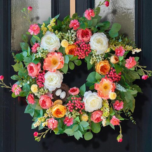 CT0439685JS_1 24 Inch Spring Wreaths for Front Door Outside,Handcrafted Spring Door Wreath with Roses,Eucalyptus Greener y& Bird Nest Eggs,Luxury Summer Wreaths for Front Door for Porch Home Wall Window