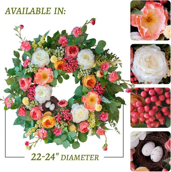 24 Inch Spring Wreaths for Front Door Outside,Handcrafted Spring Door Wreath with Roses,Eucalyptus Greener y& Bird Nest Eggs,Luxury Summer Wreaths for Front Door for Porch Home Wall Window